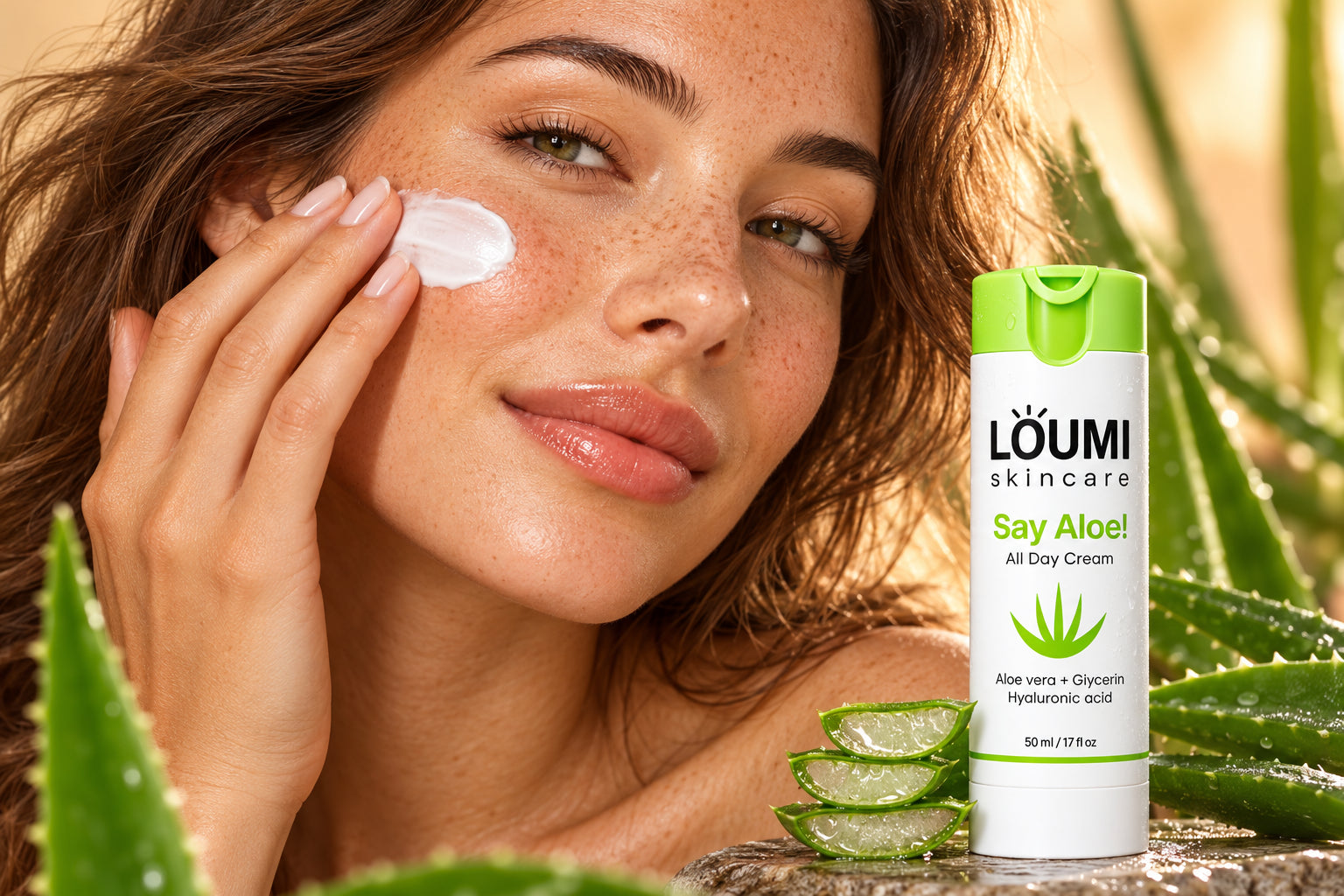 Woman applying Say Aloe cream
