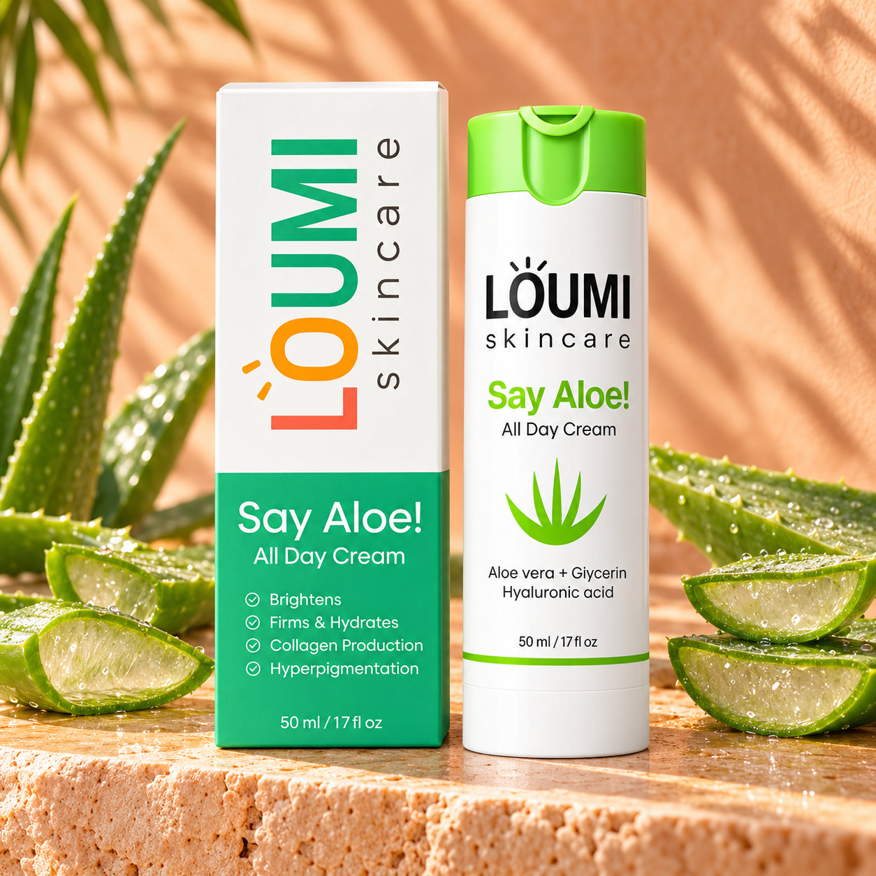 Say Aloe bottle and box on peach stone